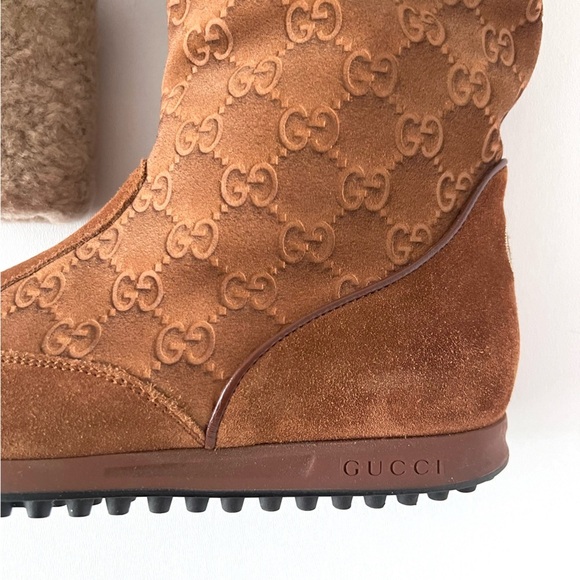 GUCCI | Apres Brown Suede Shearling GG Monogram Web Stripe Ankle Ski Boot EU36.5 - Picture 10 of 15